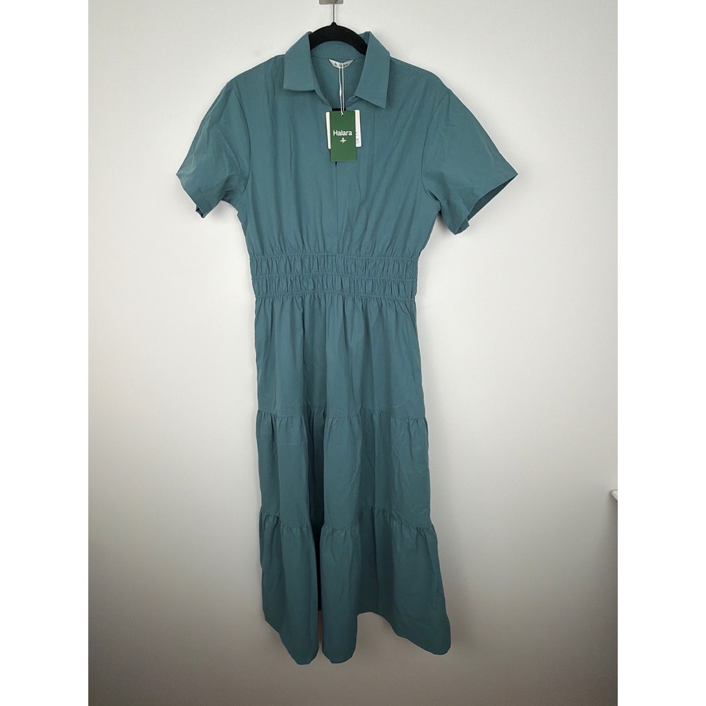 NWT Halara Maxi Dress M Blue Smocked Waist Tiered Ruffle Pocket Collar Athleiure